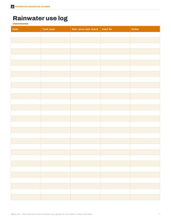 Preview of Printable Rainwater Use Log
